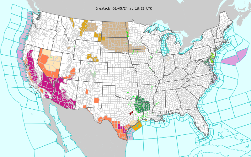 The dark pink shows which areas are affected by Excessive Heat warnings