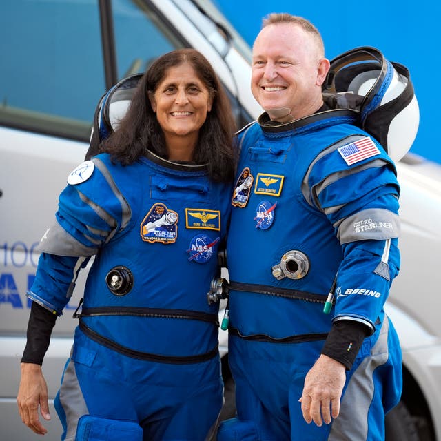 <p>NASA astronauts Suni Williams, left, and Butch Wilmore pose for a photo after leaving the operations and checkout building for a trip to launch pad at Space Launch Complex 41 Wednesday, June 5, 2024, in Cape Canaveral, Fla</p>