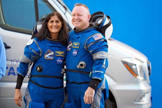 <p>NASA astronauts Suni Williams, left, and Butch Wilmore pose for a photo after leaving the operations and checkout building for a trip to launch pad at Space Launch Complex 41 Wednesday, June 5, 2024, in Cape Canaveral, Fla</p>