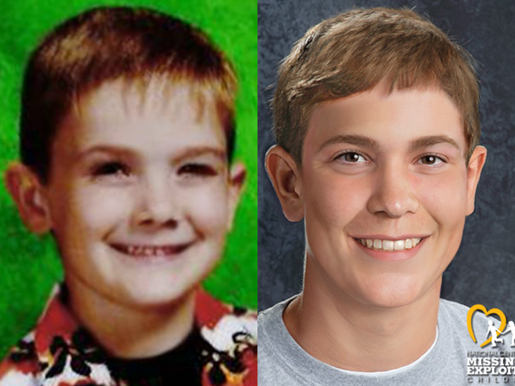 Timmothy Pitzen (pictured left as a child, and right in an age-progression image) has been missing since May 2011. His mother, Amy Fry-Pitzen, was found dead by suicide days later