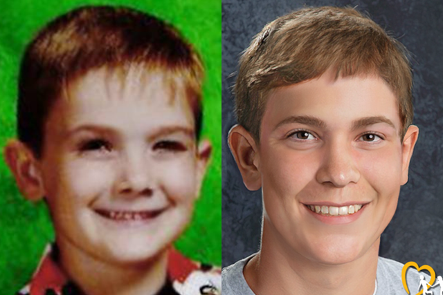<p>Timmothy Pitzen (pictured left as a child, and right in an age-progression image) has been missing since May 2011. His mother, Amy Fry-Pitzen, was found dead by suicide days later</p>