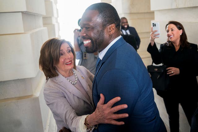 Representative Nancy Pelosi (D-CA) reacts to meeting recording artist Curtis “50 Cent” Jackson while he visits lawmakers at the U.S. Capitol to discuss minority representation in entrepreneurship on Capitol Hill, Washington, U.S., June 5, 2024