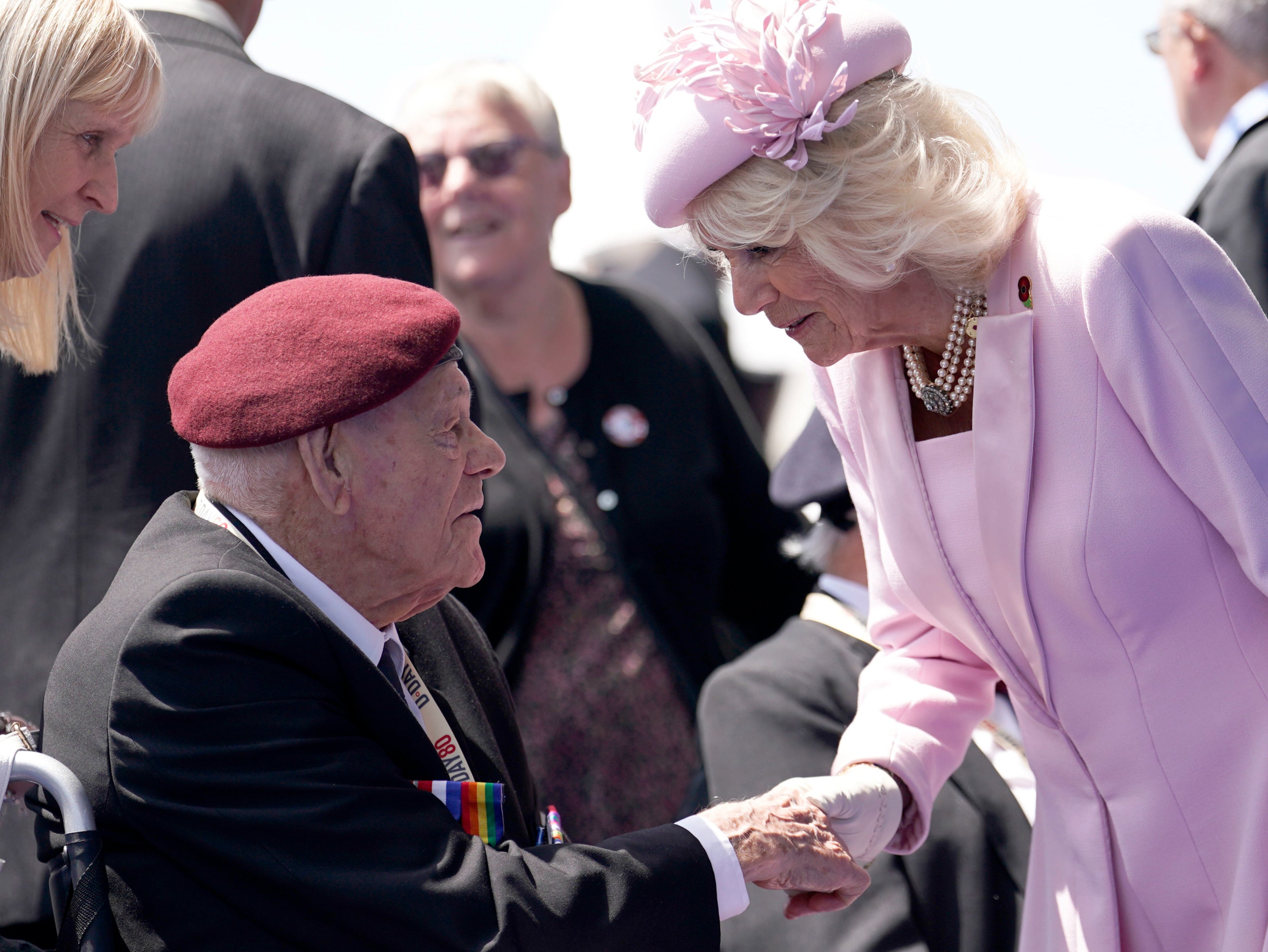Queen Camilla meets Normandy veteran Lew Trewin