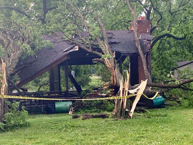 <p>Several trees slammed into a structure at Rotary Park in Livonia, MIch., Wednesday, June 5, 2024 as a tornado tore through the western Wayne County community</p>