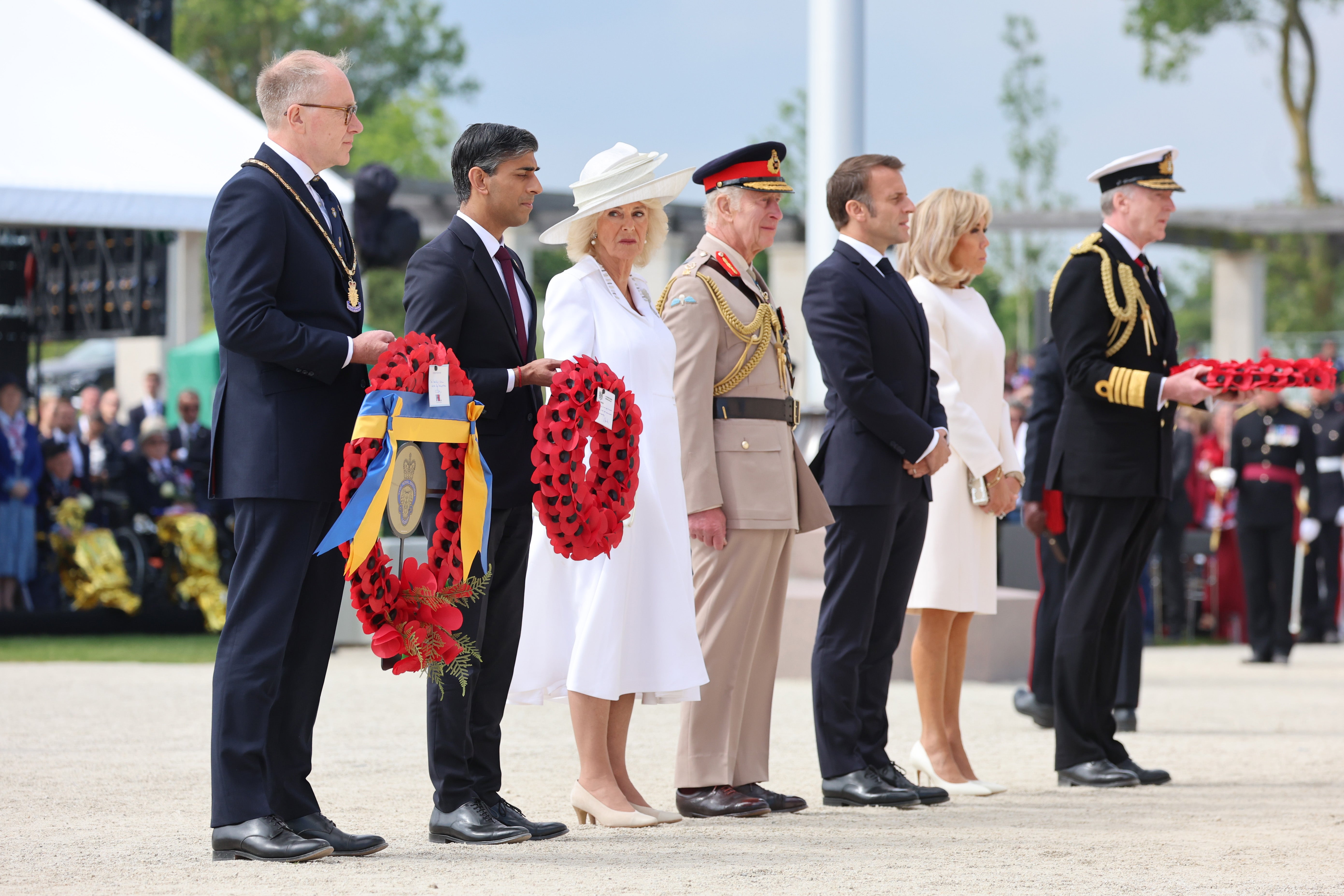 Rishi Sunak, Queen Camilla, King Charles III, President of France, Emmanuel Macron and Brigitte Macron attend the UK Ministry of Defence and the Royal British Legions commemorative event