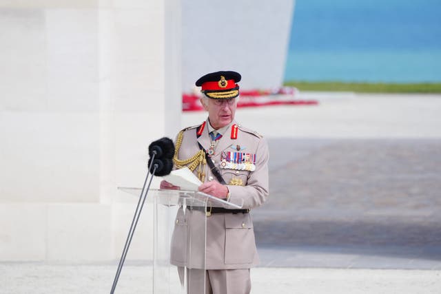 <p>Charles speaks during a D-Day commemoration in Ver-sur-Mer, Normandy, on Thursday </p>