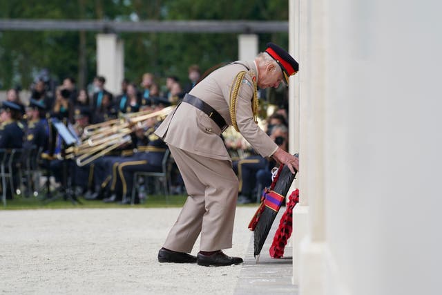<p>The King lays a wreath during the UK national commemorative event for the 80th anniversary of D-Day</p>