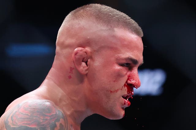 <p>Dustin Poirier during his title-fight defeat by Islam Makhachev</p>