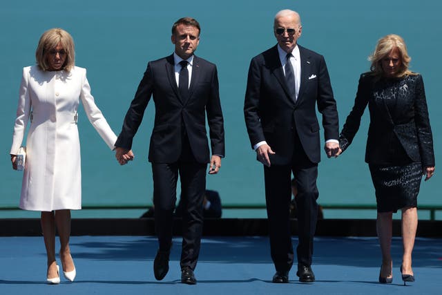 <p>President Joe Biden, French President Emmanuel Macron and their spouses are pictured during D-Day commemoration ceremonies on June 6, 2024 </p>