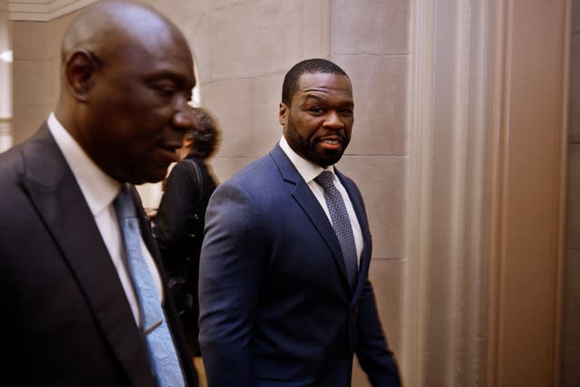 <p>Curtis ‘50 Cent’ Jackson appears on Capitol Hill on Wednesday with attorney Ben Crump. The two met with members of the Congressional Black Caucus.</p>