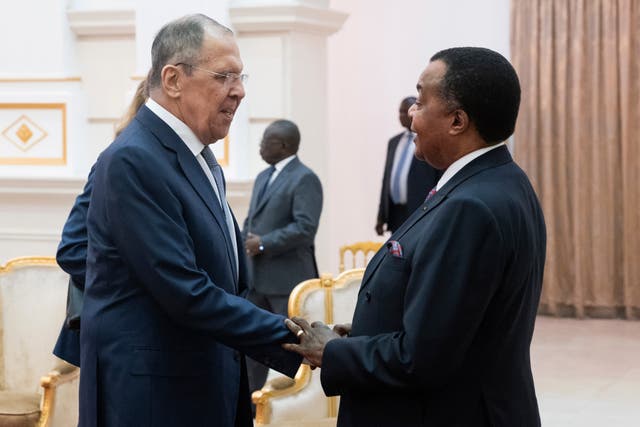 <p>Russian Foreign Minister Sergey Lavrov, left, and Republic of Congo's President Denis Sassou N'Guesso shake hands during their meeting in Oyo, Republic of Congo, Tuesday, June 4, 2024</p>