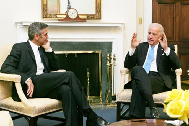 <p>Vice President joe Biden meets with George Clooney,  Monday, Feb. 23, 2009 at the White House in Washington. Clooney reportedly called the White House recently to blast them for the reaction to his wife’s work with the International Criminal Court </p>
