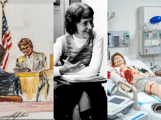 <p>Ann Burgess seen giving evidence in a court, as a Boston College professor and training a class on forensic nursing</p>