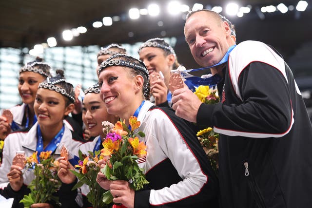 <p>Team USA and Bill May of Team USA celebrate with their bronze medals after the Mixed Team Acrobatic during the World Aquatics Artistic Swimming World Cup 2024 at Aquatics Centre on 5 May 2024 in Paris, France  (<em>Getty Images</em>)</p>