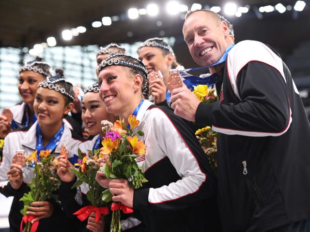 <p>Team USA and Bill May of Team USA celebrate with their bronze medals after the Mixed Team Acrobatic during the World Aquatics Artistic Swimming World Cup 2024 at Aquatics Centre on 5 May 2024 in Paris, France  (<em>Getty Images</em>)</p>