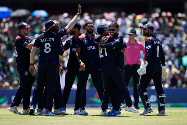 The United Staters celebrate their stunning win against Pakistan at the T20 World Cup (Tony Gutierrez/AP)