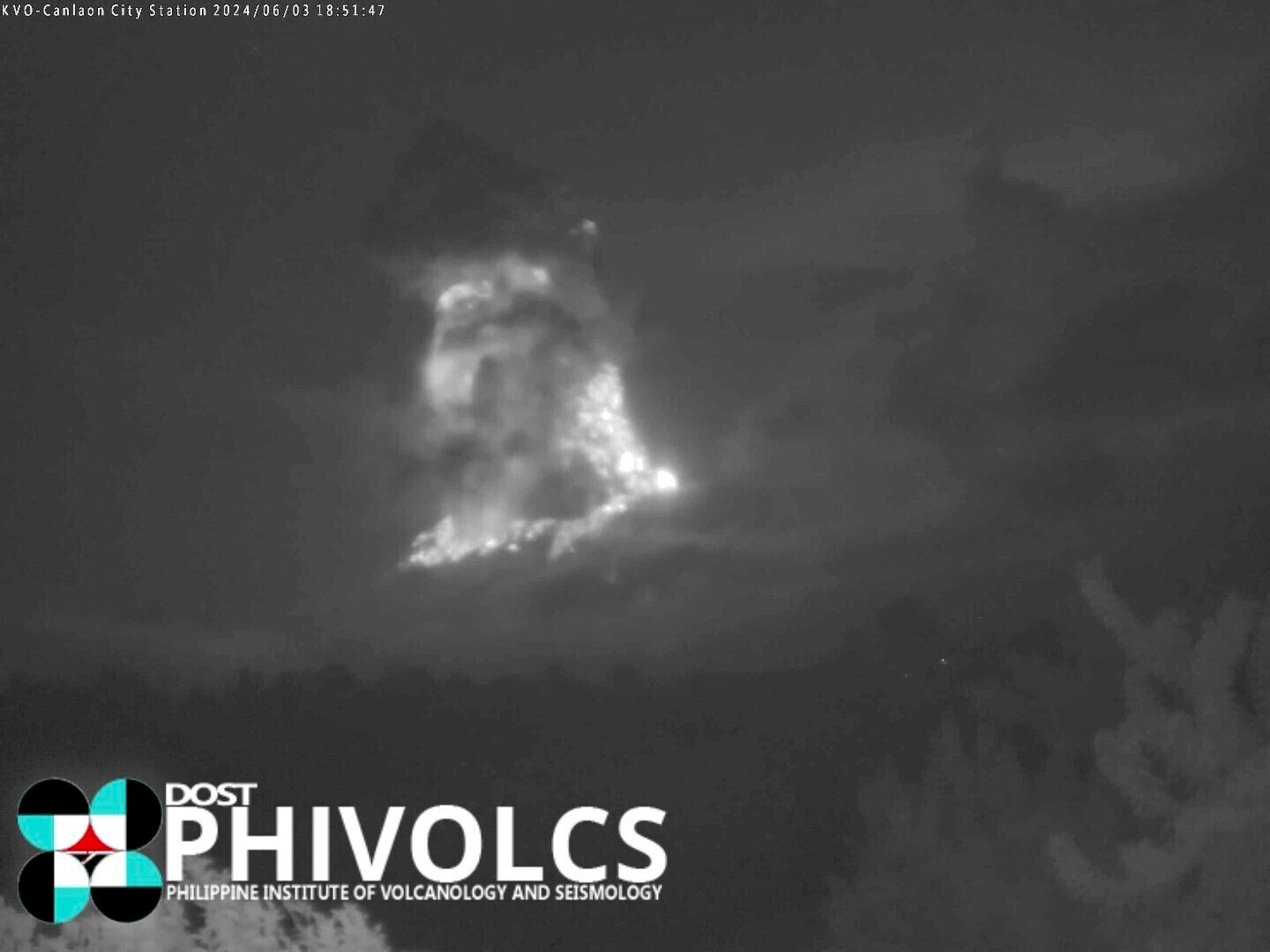 This grab taken from a thermal camera on June 3 shows the Kanlaon volcano erupting in Canlaon City, Negros, Philippines