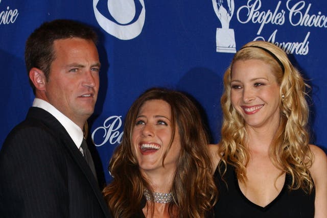 <p>Friends stars Matthew Perry, Jennifer Aniston and Lisa Kudrow in 2003</p>