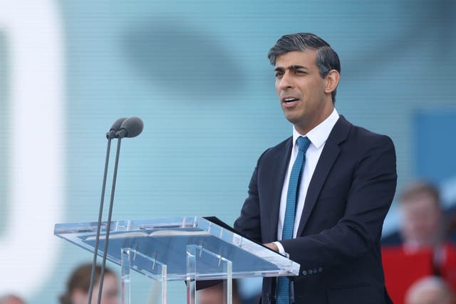 <p>Prime Minister Rishi Sunak speaks at the UK’s national commemorative event for the 80th anniversary of D-Day, hosted by the Ministry of Defence on Southsea Common in Portsmouth, Hampshire, on Wednesday (Neil Hall/PA)</p>