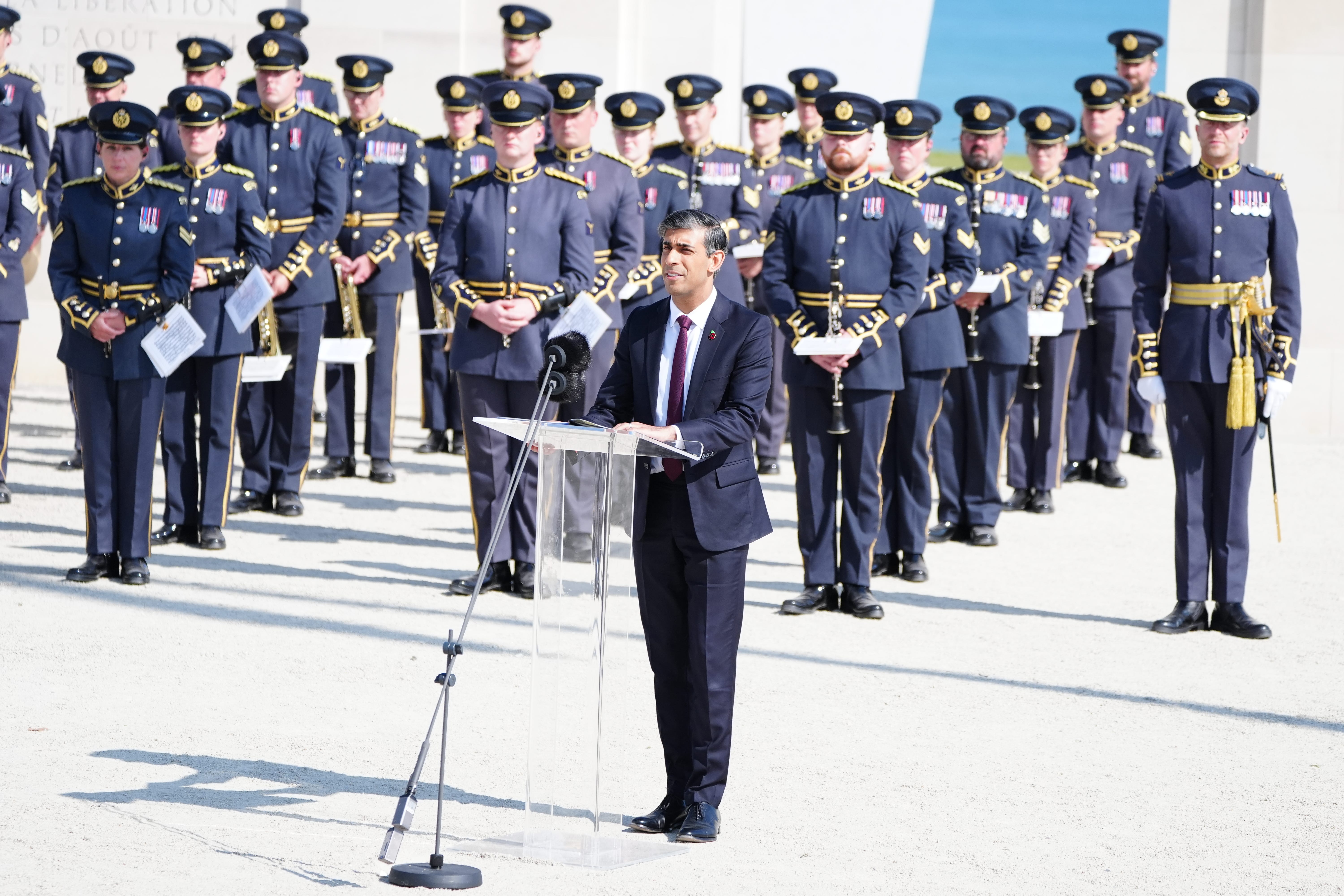 Prime Minister Rishi Sunak speaking during the UK national commemorative event for the 80th anniversary of D-Day, held at the British Normandy Memorial in Ver-sur-Mer, Normandy. He later returned early to the UK. (Jane Barlow/PA)