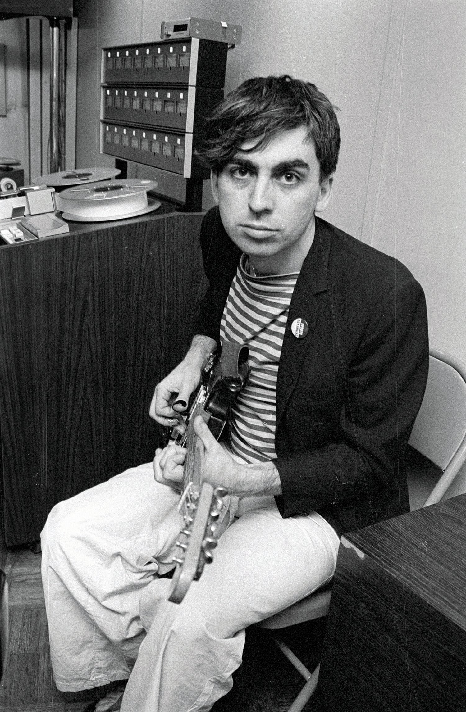 Blondie founder and lead guitarist Stein plays his guitar in the recording studio