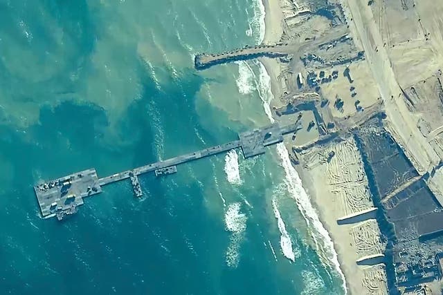 <p>The pier, constructed by the US military to transport aid into Gaza last month, was temporarily out of use after suffering damage  </p>
