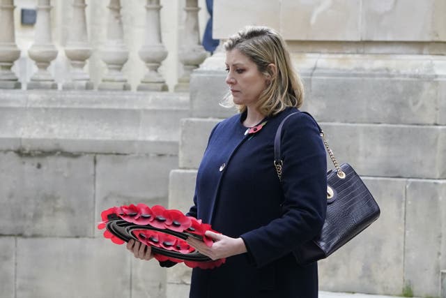 Penny Mordaunt, MP for Portsmouth North, lays a wreath at the war memorial following a Remembrance Sunday service in Guildhall Square, Portsmouth (Andrew Matthews/PA)