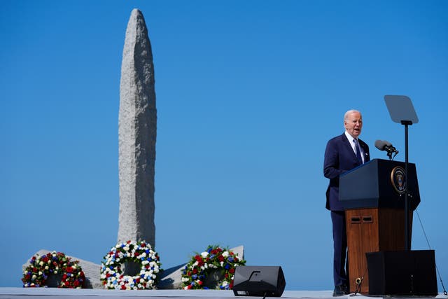 <p>President Joe Biden delivers a speech on the legacy of Pointe du Hoc, and democracy around the world, Friday, June 7, 2024 as he stands next to the Pointe du Hoc monument in Normandy, France. (AP Photo/Evan Vucci)</p>