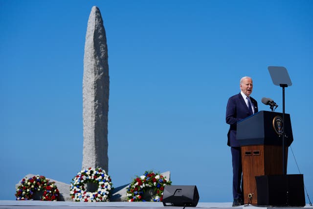 <p>President Joe Biden delivers a speech on the legacy of Pointe du Hoc, and democracy around the world, Friday, June 7, 2024 as he stands next to the Pointe du Hoc monument in Normandy, France. (AP Photo/Evan Vucci)</p>