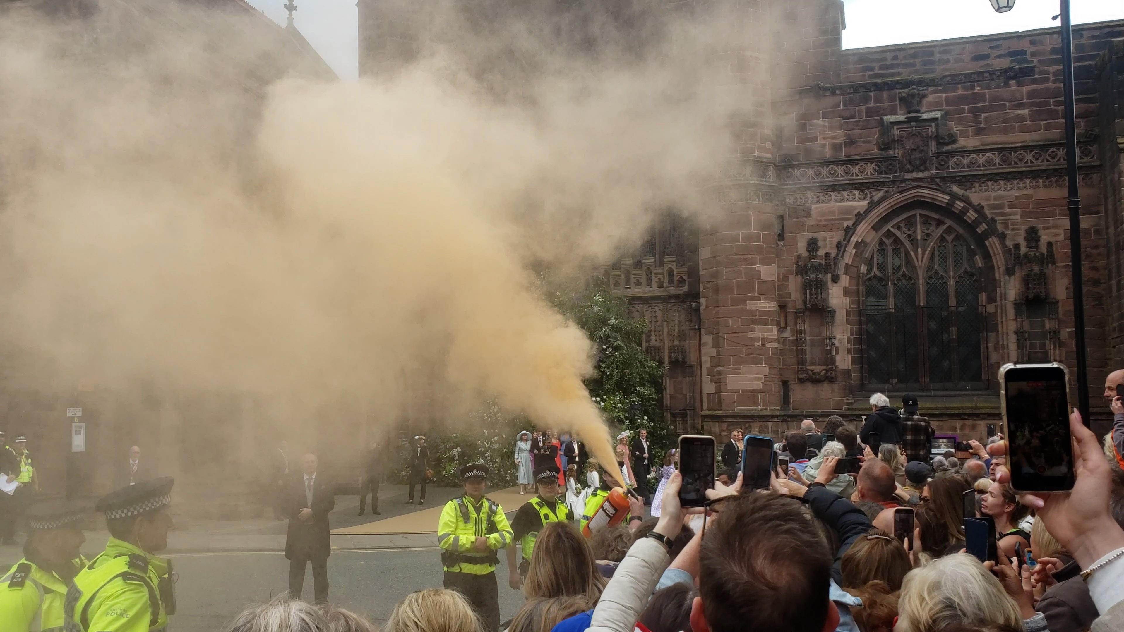 A fire extinguisher was let off as part of a Just Stop Oil protest – but it did not stop the celebrations