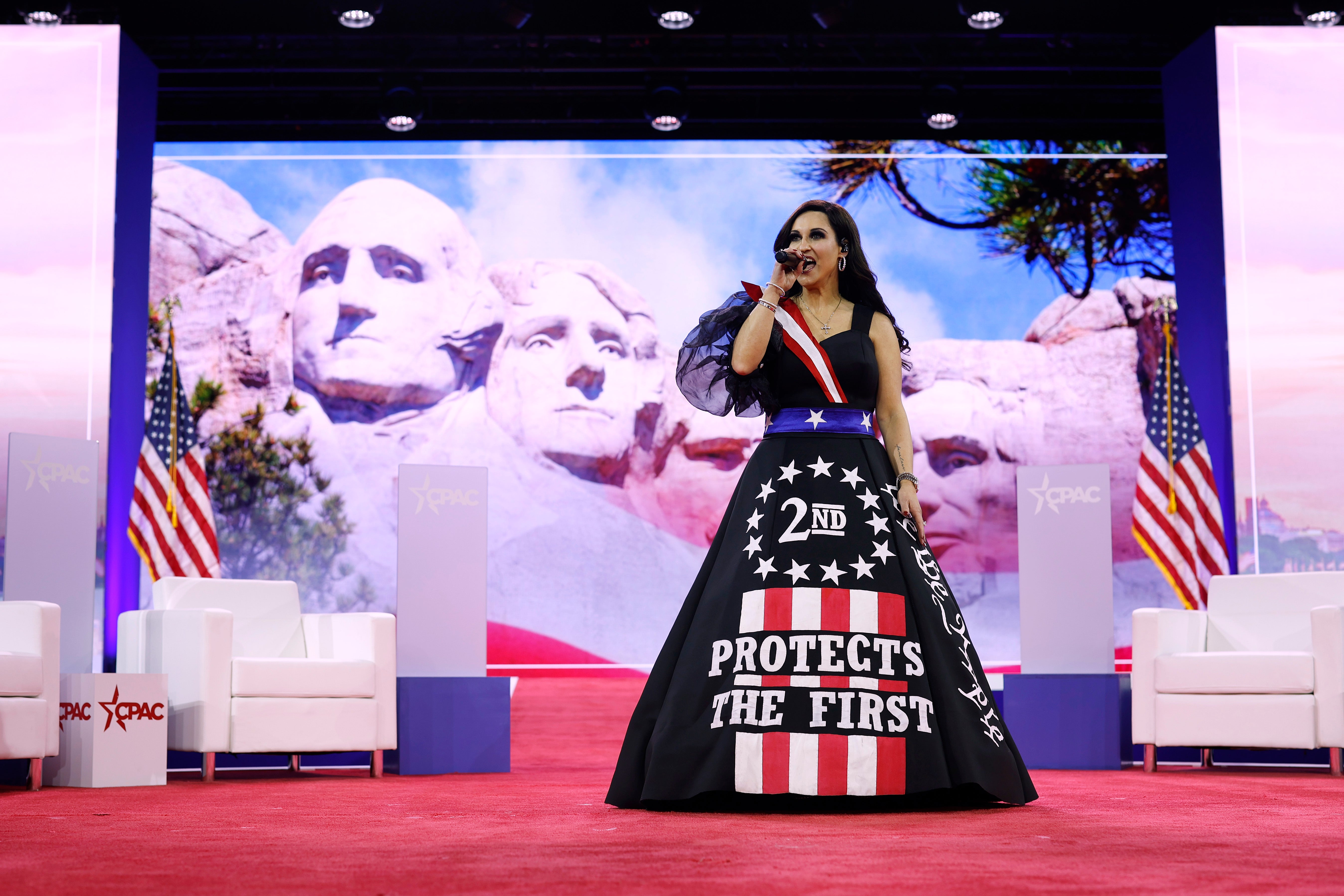 Natasha Owens pictured performing at the Conservative Political Action Conference in February. Donald Trump shared her latest hit, “The Chosen One,” on TruthSocial on Friday.