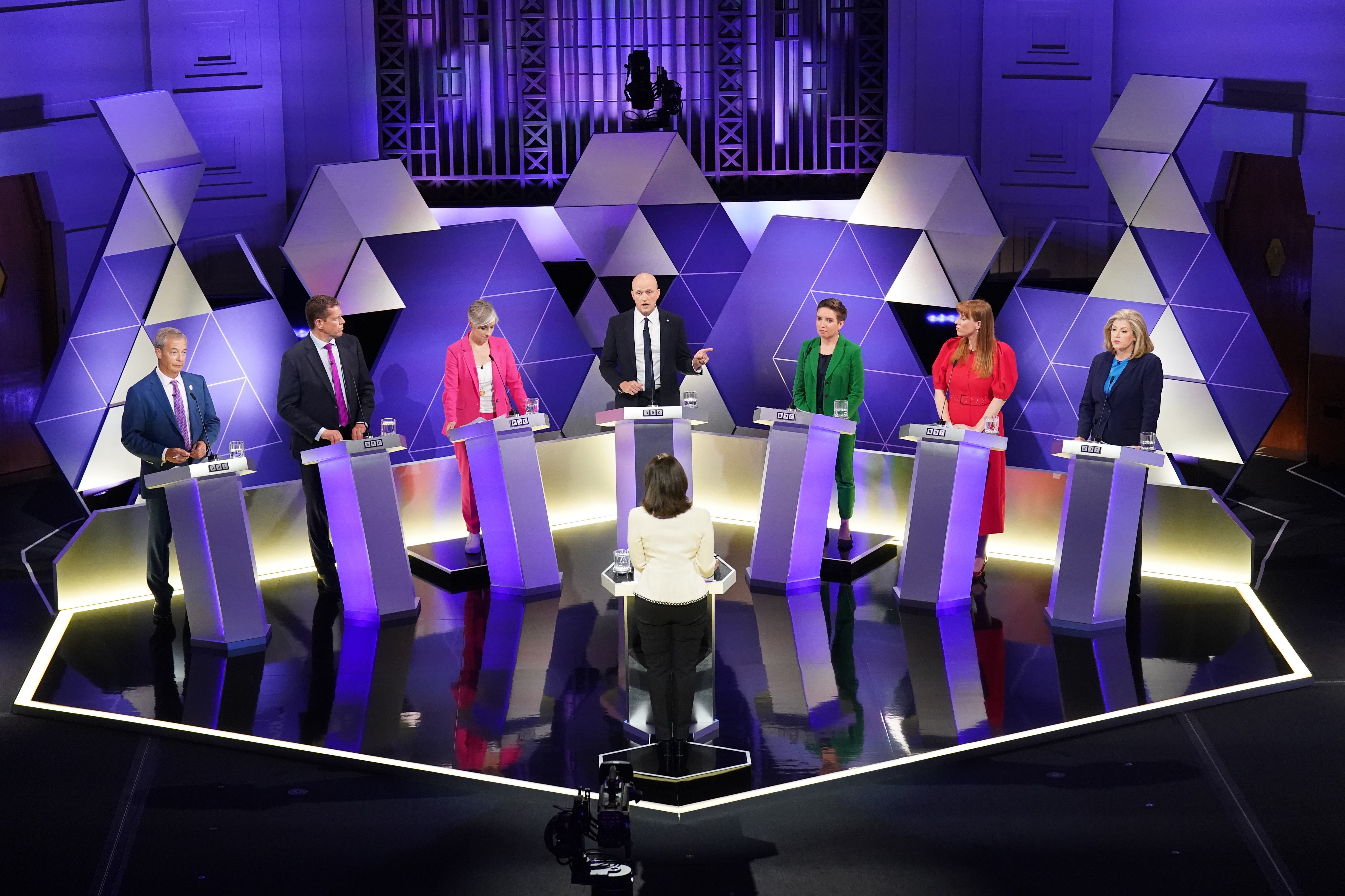 From left, Reform UK leader Nigel Farage, leader of Plaid Cymru Rhun ap Iorwerth, Liberal Democrat deputy leader Daisy Cooper, Stephen Flynn of the SNP, co-leader of the Green Party Carla Denyer, deputy Labour leader Angela Rayner and Commons Leader Penny Mordaunt, take part in the BBC Election Debate hosted by BBC news presenter Mishal Husain (Stefan Rousseau/PA)