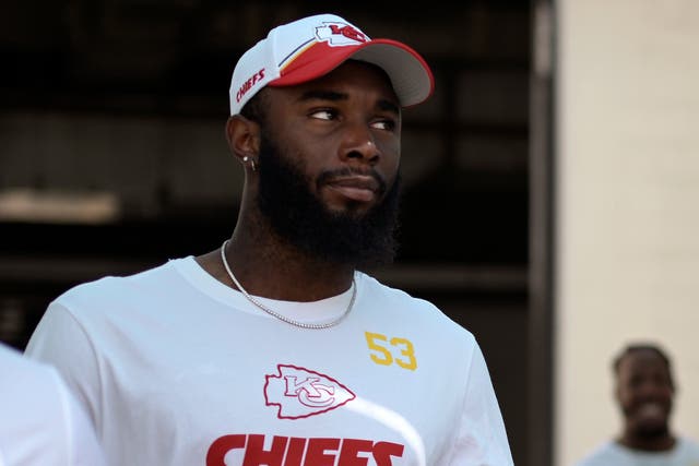 <p>Kansas City Chiefs player BJ Thompson, pictured, suffered a seizure and went into cardiac arrest during a team meeting on Thursday</p>