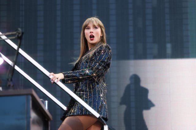 <p>Taylor Swift onstage at Murrayfield Stadium in Edinburgh during the first UK date of her record-breaking Eras Tour</p>