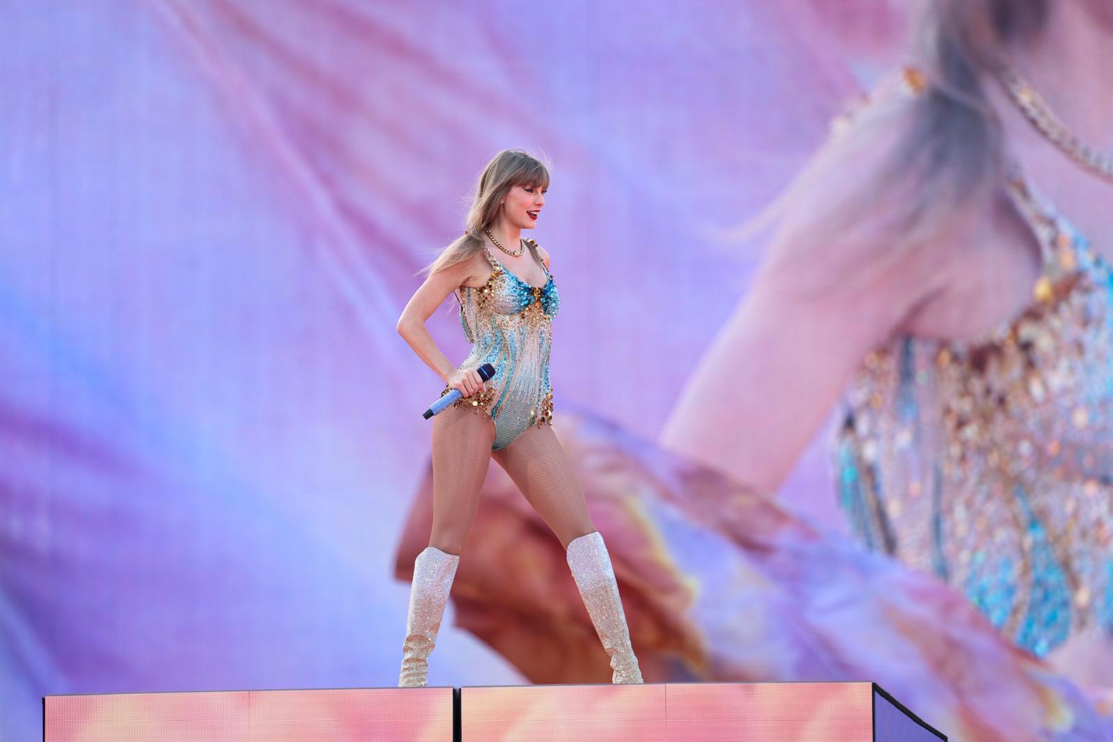 ‘A Botticellian blonde in a bejewelled bodysuit’: Taylor Swift onstage in Edinburgh