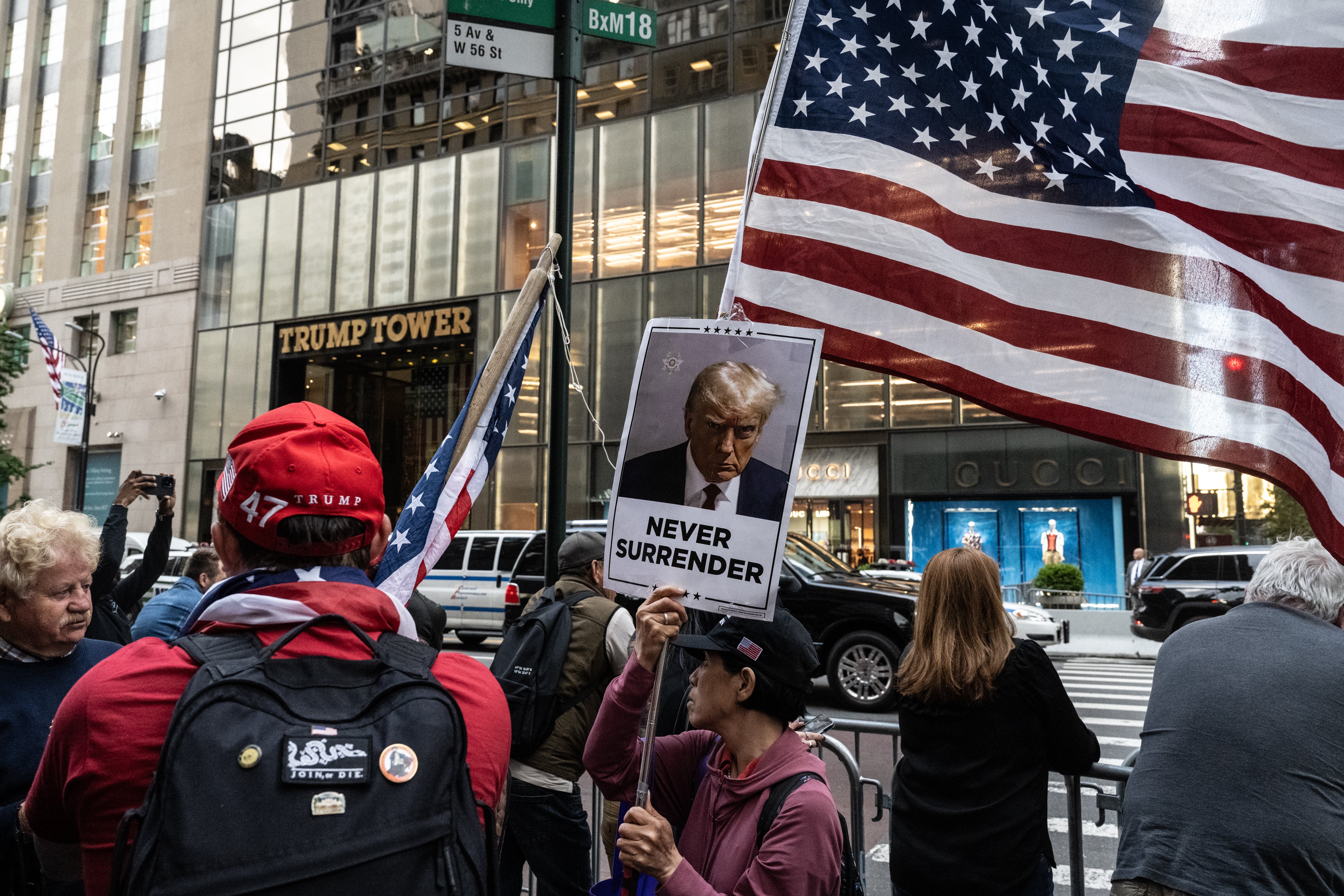 A crowd gathers at Trump Tower after a guilty verdict against former U.S. President Donald Trump in his hush money trial on May 30, 2024, in New York City