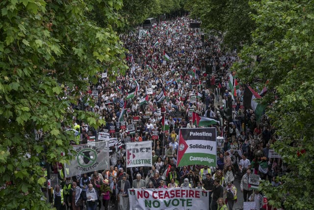 People take part in a demonstration for Gaza from Russell Square to Parliament (Jeff Moore/PA)