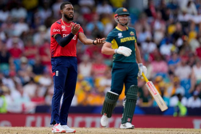 England’s Chris Jordan gestures after Australia’s Marcus Stoinis hit a four from one of his deliveries during an ICC Men’s T20 World Cup cricket match at Kensington Oval in Bridgetown, Barbados, Saturday, June 8, 2024. (AP Photo/Ricardo Mazalan)