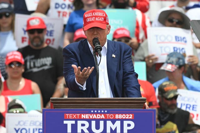 <p>Former US President and Republican presidential candidate Donald Trump speaks during a campaign rally at Sunset Park in Las Vegas, Nevada on June 9, 2024</p>