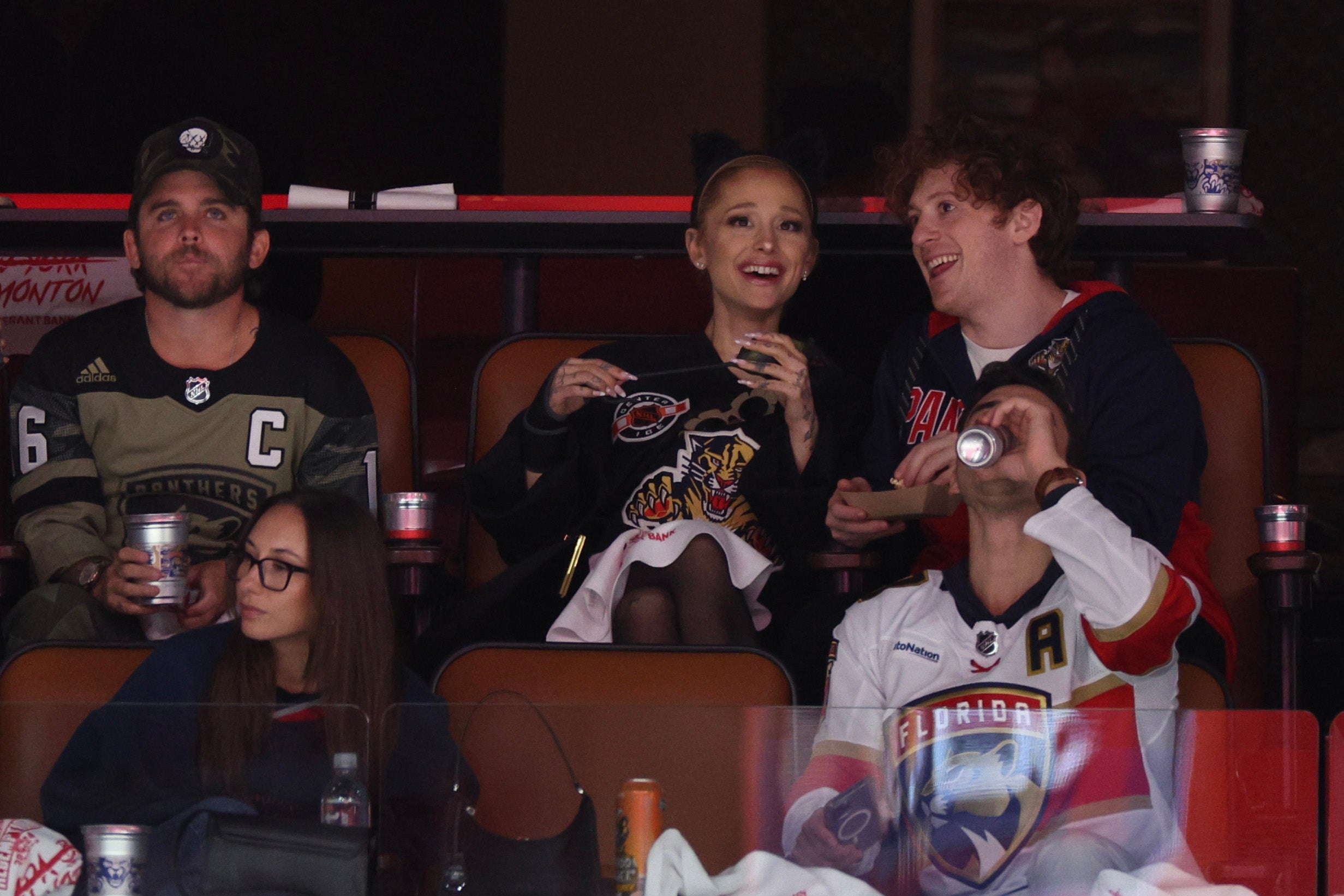 Ariana Grande and Ethan Slater attend 2024 Stanley Cup Final on June 8, 2024 in Sunrise, Florida