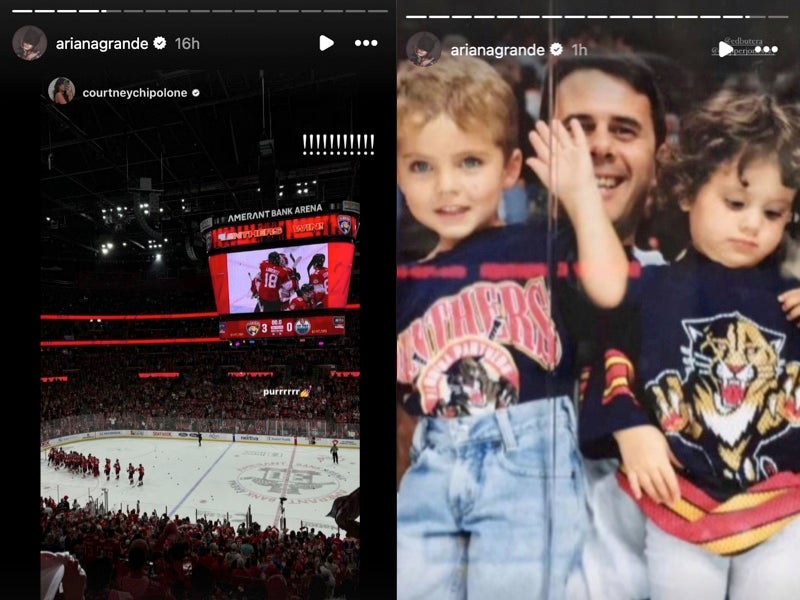 Ariana Grande posts a photo from the Florida Panthers game alongside a throwback image of her with her dad