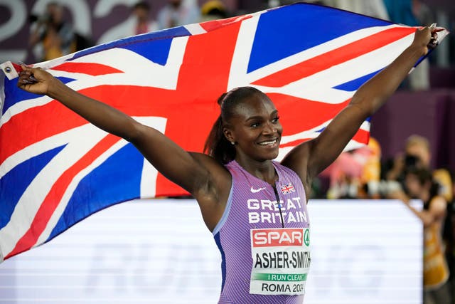 Dina Asher-Smith celebrates 100 metres gold in Rome (Andrew Medichini/AP)