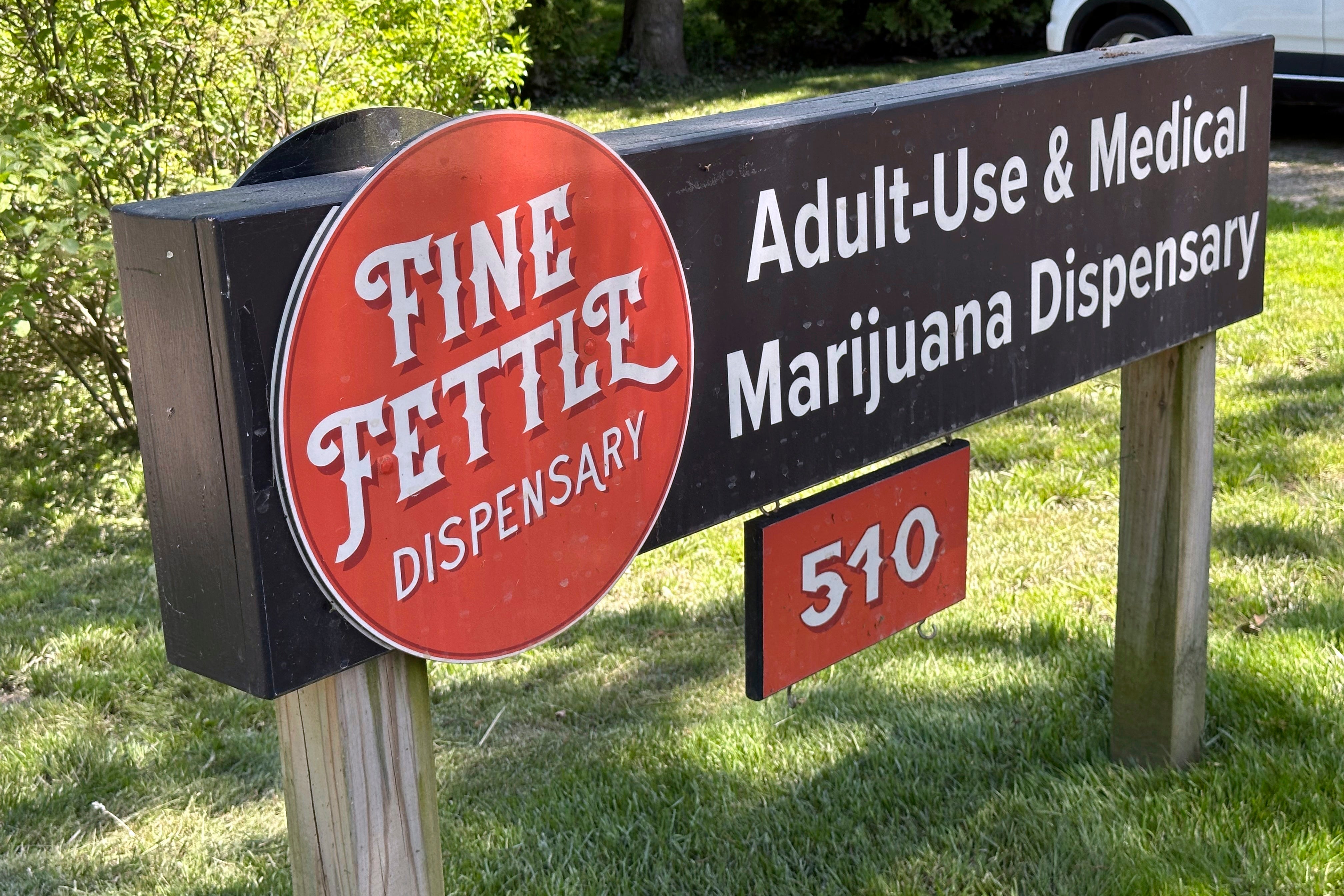 A sign advertises the Fine Fettle cannabis dispensary on June 4, 2024