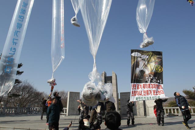 <p>South Korean activists release balloons carrying propaganda leaflets towards North Korea</p>