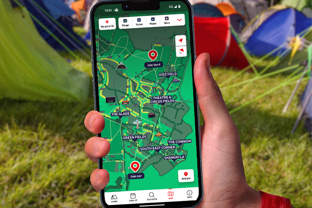 A mock-up of a festival-goer’s Glastonbury App featuring the map pinning option (Vodafone/PA)