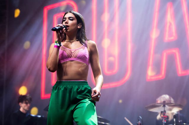 <p>Dua Lipa performing at her first Glastonbury in 2017</p>