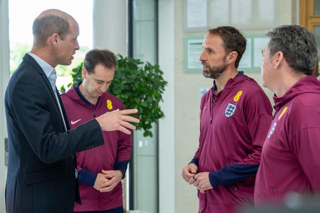 The Prince of Wales (left) speaks with England manager Gareth Southgate during a visit to St George’s Park, in Burton upon Trent, Staffordshire, to meet with the England men’s football team ahead of the Uefa Euro 2024 campaign (Paul Cooper/Daily Telegraph/PA)