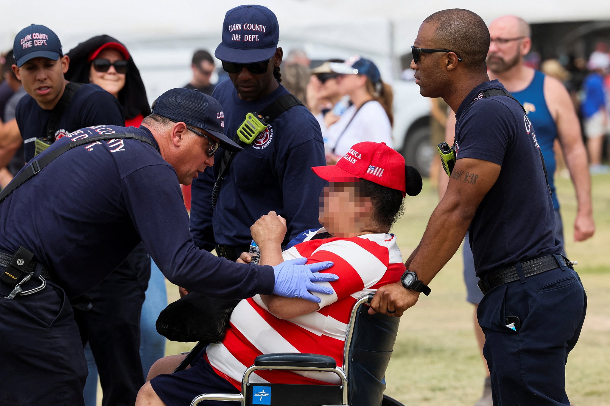 Six people were hospitalized following Donald Trump’s rally in Las Vegas on Sunday, after temperatures reached over 100F