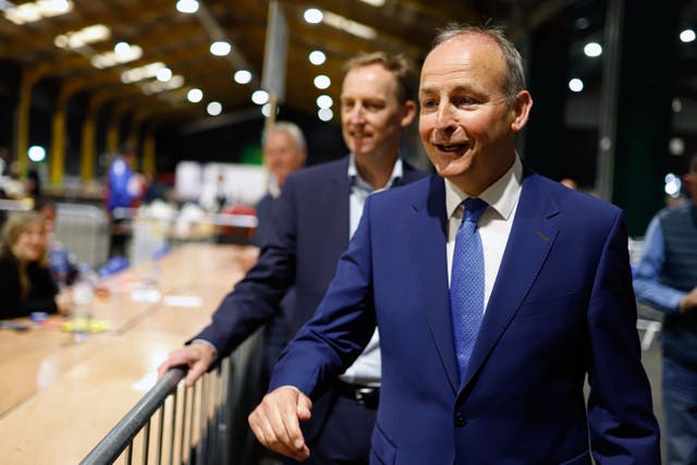 Fianna Fail election candidate Barry Andrews (left) and Tanaiste Micheal Martin at the Royal Dublin Society during the count for the European elections. Picture date: Monday June 10, 2024.