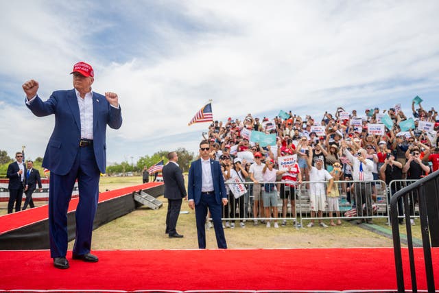 <p>LAS VEGAS, NEVADA - JUNE 09: Republican presidential candidate, former U.S. President Donald Trump dances upon arrival at his campaign rally at Sunset Park on June 09, 2024 in Las Vegas, Nevada. (Photo by Brandon Bell/Getty Images)</p>